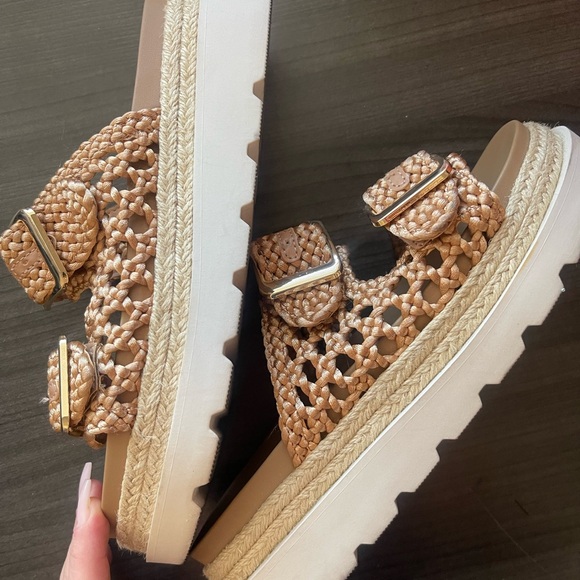 Madden Girl Tan Braided Double-Buckle Platform Sandals with Gold Buckles - Picture 4 of 4